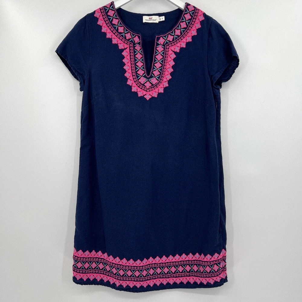 Vineyard Vines Cotton Linen Blend Embroidered Shift Dress Navy Blue Pink Size 8